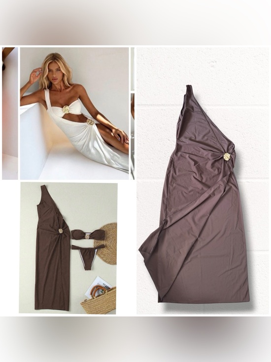 Other - One-Shoulder Cutout Maxi Dress Swim Cover Up with Gold Accent - Brown